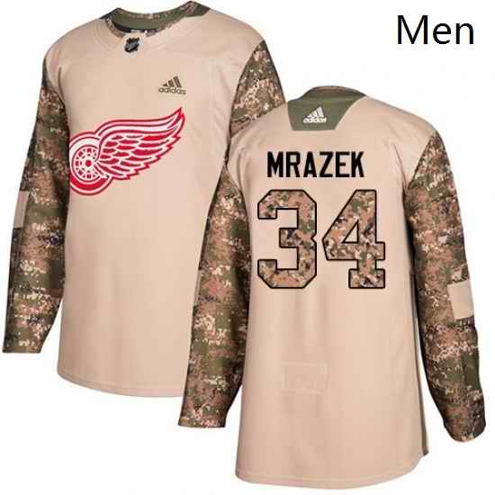 Mens Adidas Detroit Red Wings 34 Petr Mrazek Authentic Camo Veterans Day Practice NHL Jersey